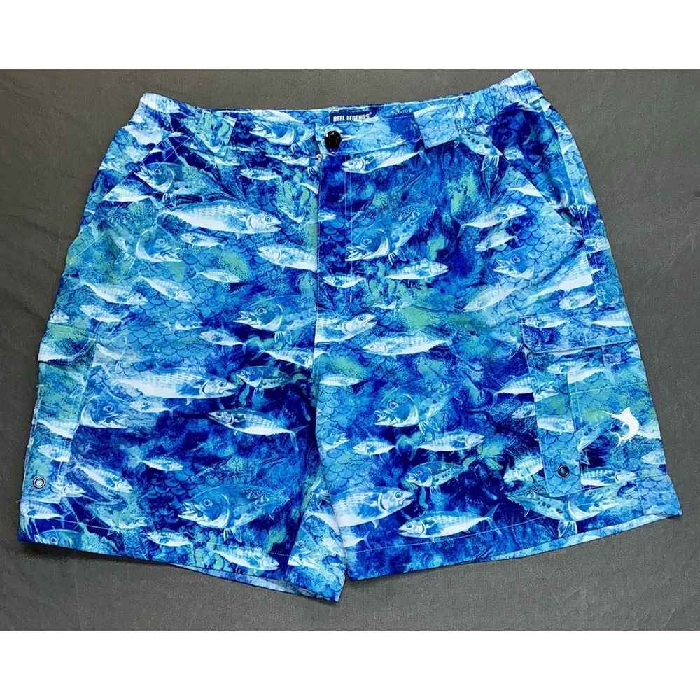 Reel Legends Board Shorts Swim Trunks Men's Large Blue White Allover Fish Print